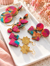 Boucles d'oreilles pendantes fuchsia et turquoise à la feuille dorée, vide-atelier
