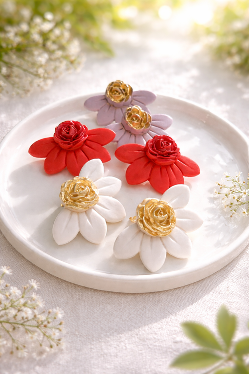 Boucles d’oreilles Daisy Les Trésors de Cia avec fleurs colorées et pendentifs en métal, pour un style élégant et ludique.