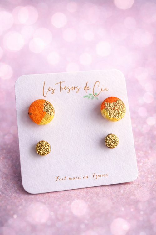 Boucles d’oreilles puces orange & doré — Fait main en France — Ultra légères