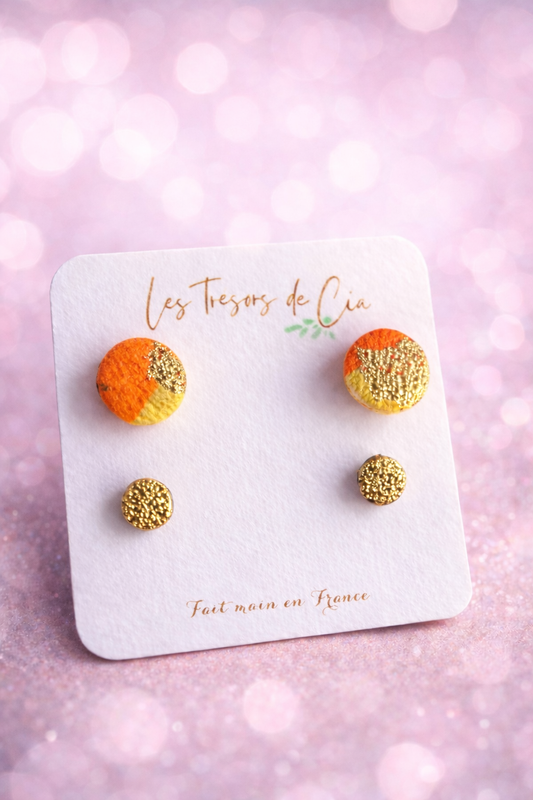Boucles d’oreilles puces orange & doré — Fait main en France — Ultra légères