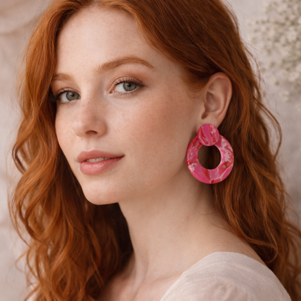 Boucles d’oreilles anneaux rose néon CÉLINE - Légères et modernes – Bijoux faits main Made in France - Les Trésors de Cia