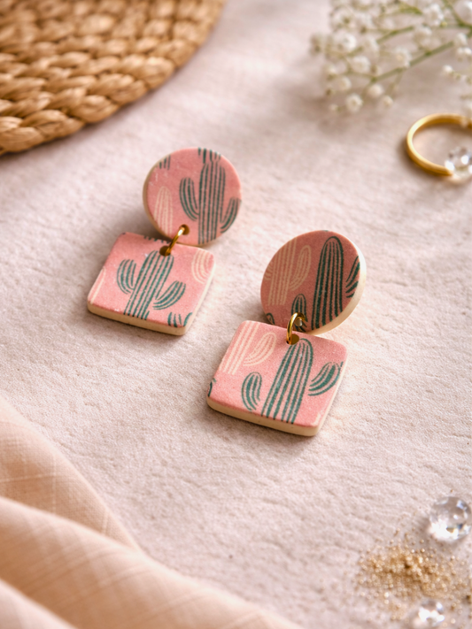 Boucles d’oreilles cactus rose en argile polymère — légères & faites main - Les Trésors de Cia
