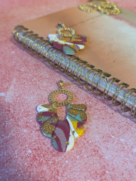 Boucles d’oreilles artisanales multicolores en argile polymère JANET -Effet marbré doré