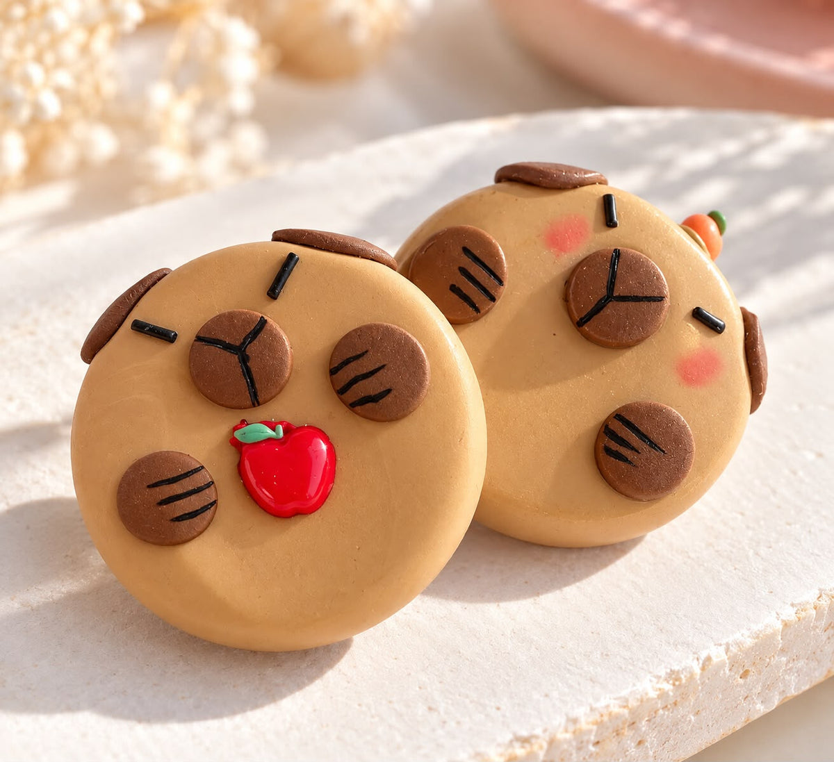 Deux pierres d'apaisement capybara kawaii en argile polymère caramel, l'un avec une pomme rouge, l'autre avec une carotte rotative