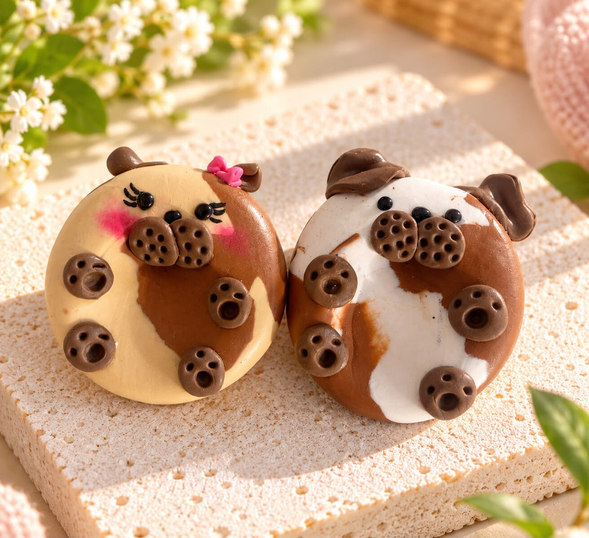 Deux pierres d'apaisement chien kawaii en argile polymère, une chienne crème au nœud rose et un chien blanc tacheté de brun